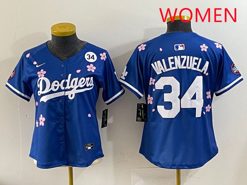 Women Los Angeles Dodgers #34 Valenzuela Blue Sakura Edition 2025 Nike MLB Jersey style 38->women mlb jersey->Women Jersey